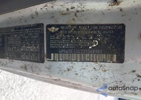 2003 Mini Cooper S from USA, damaged, VIN WMWRE33423TD68983